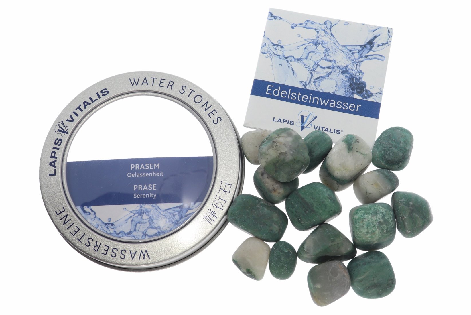Edelstein Wasser mit Geschenkdose - Gelassenheit  Prasem Smaragdquarz Lapis Vitalis®