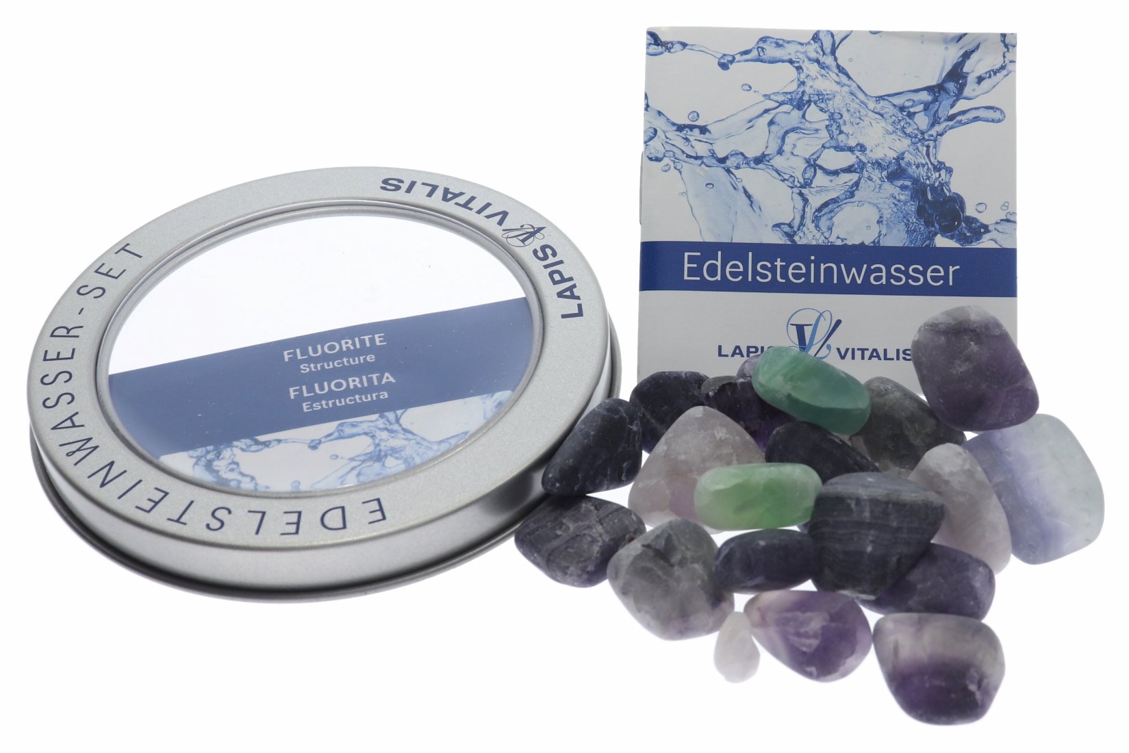 Fluorit Edelstein Wasser mit Geschenkdose - Ordnung und Lernen Lapis Vitalis®