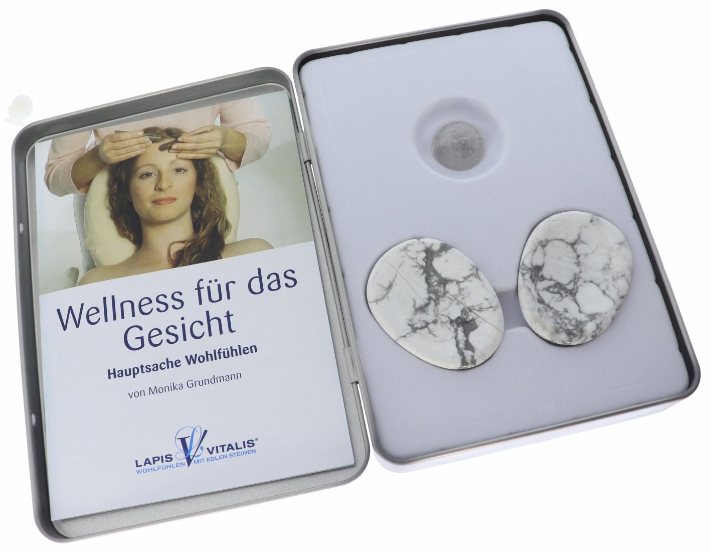 Lapis Vitalis® - Augensteine Paar Magnesit inkl. Bergkristall Kugel & Anleitung - innere Ruhe