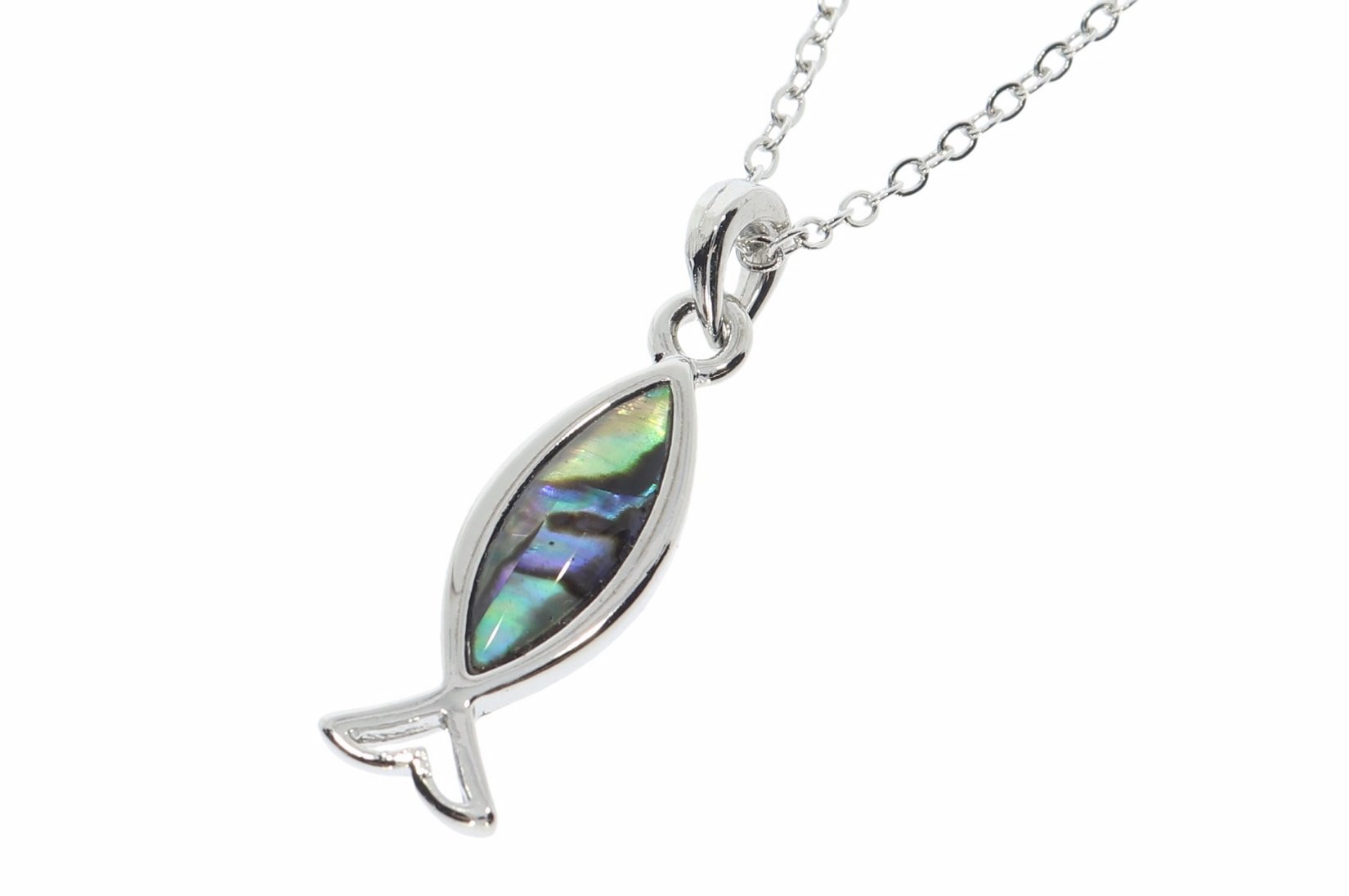Ocean Jewels - Paua Muschel Fisch Ichthys Anhänger 30x10mm mit Silber Halskette PM136