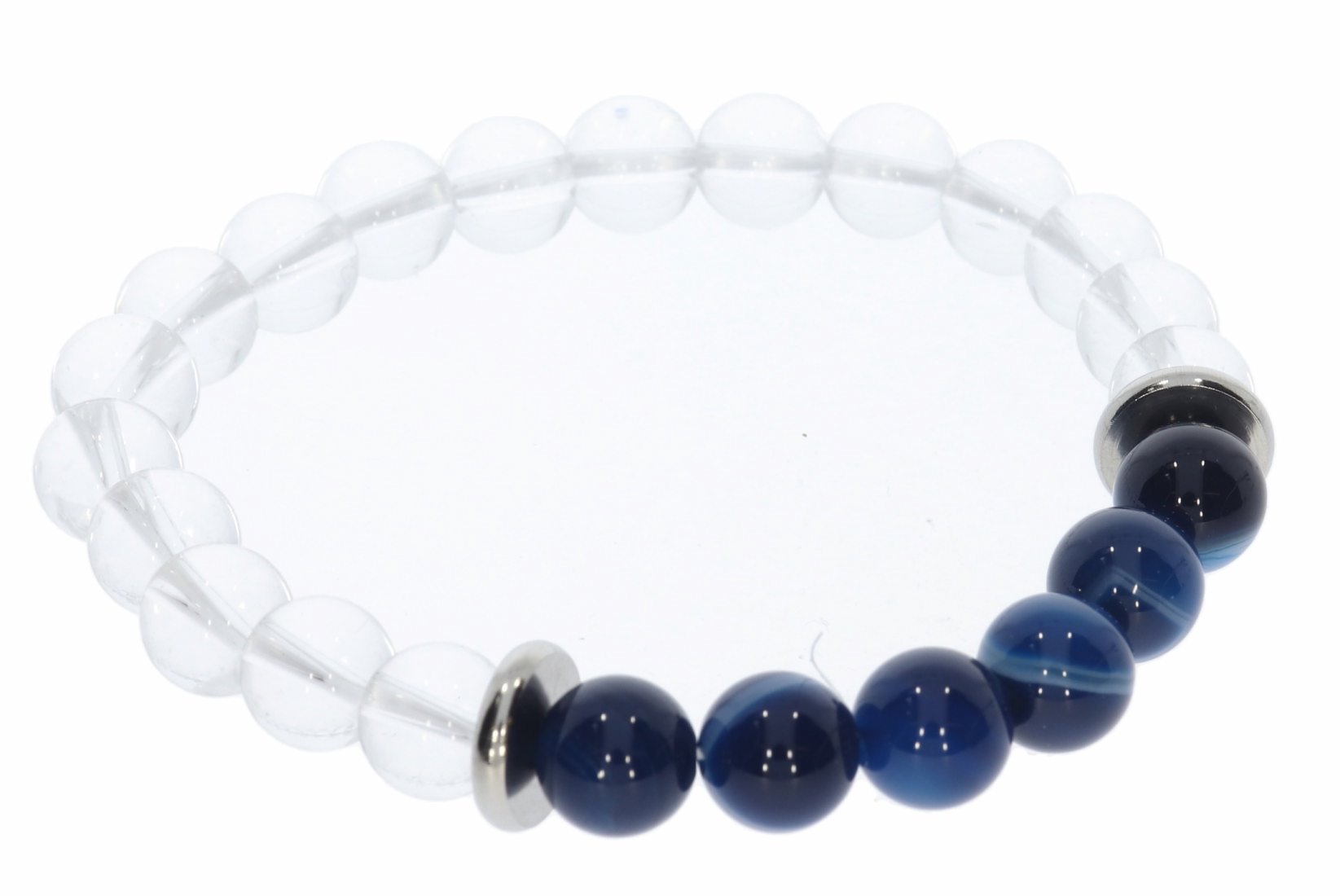 Bergkristall trifft Achat blau Kugel Stretch Armband Edelstahl - individuelle Größe AB41