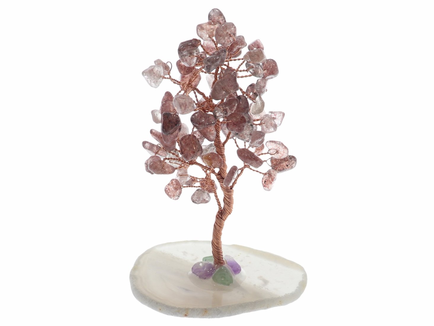 Unikat - Erdbeerquarz Baum mit Edelstein Splittern und Achat Scheibe Dekoration 41712