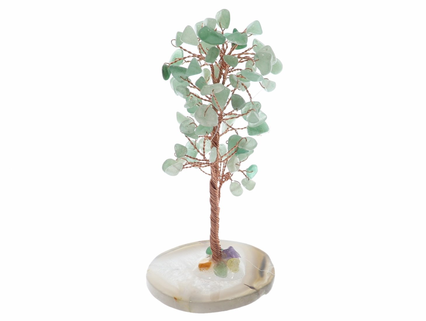 Unikat - Aventurin grün Baum mit Edelstein Splittern und Achat Scheibe Dekoration 41714