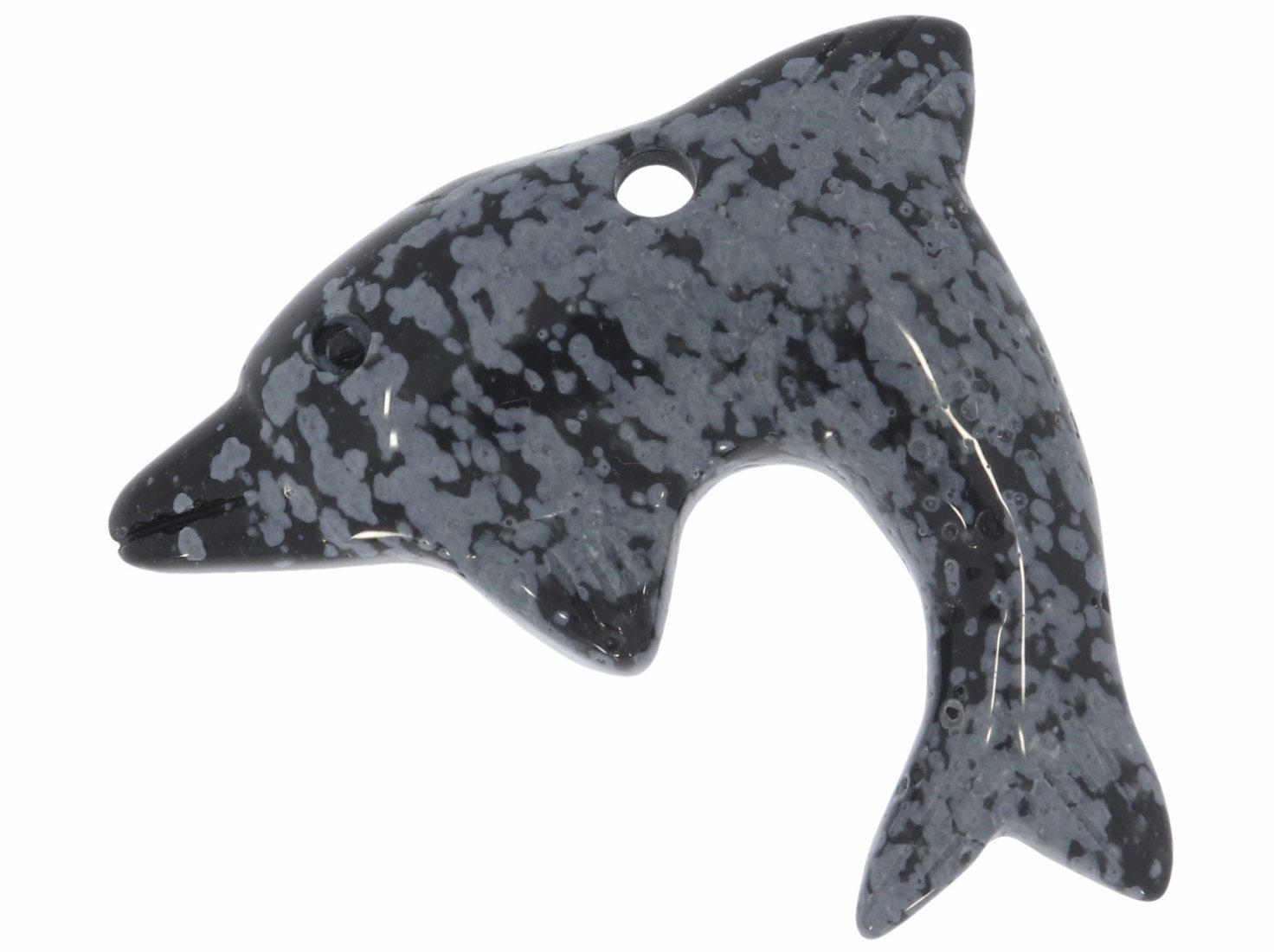 Delphin Anhänger aus Schneeflocken Obsidian front gebohrt 50x30 HS650