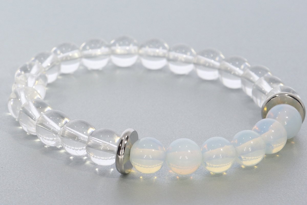 Bergkristall trifft Opal Glas Kugel Stretch Armband Edelstahl - individuelle Größe AB41